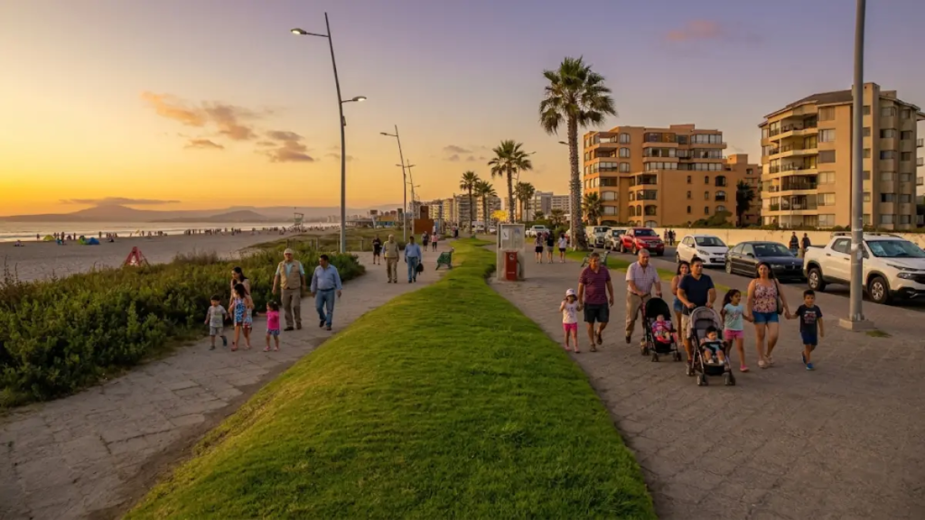 Familia caminando por la costanera de Coquimbo al atardecer disfrutando de la calidad de vida frente al mar.